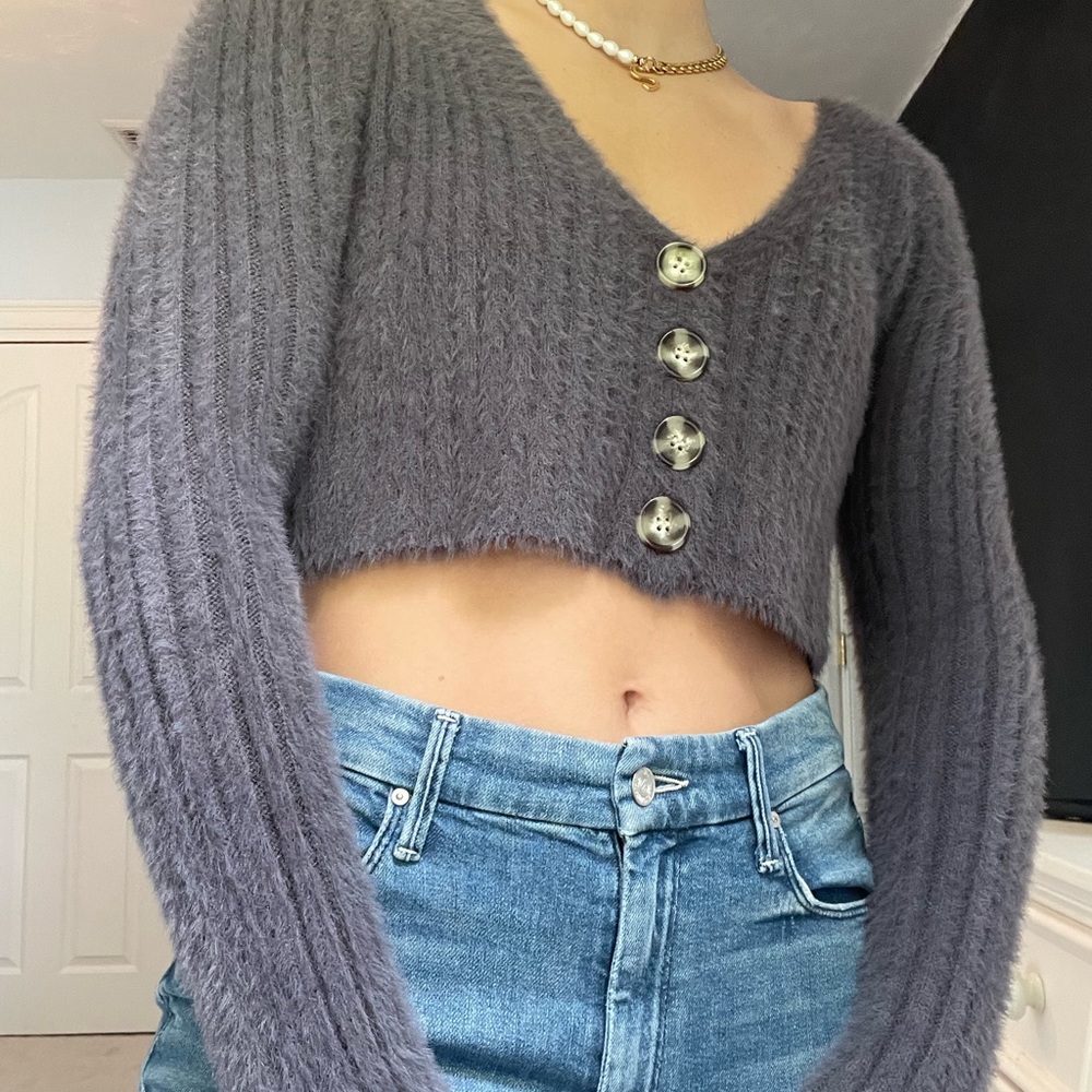 urban outfitters cropped fuzzy grey button sweater